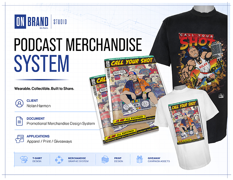 Podcast apparel graphics and custom promotional tee design for Call Your Shot by ON Brand Studio
